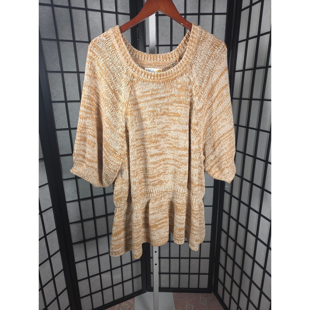 C&C California Women Tan White Cottagecore Peplum Knit Sweater‎ 3X